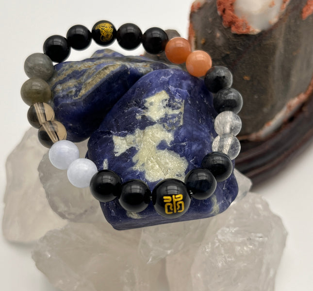 Redynasty Water Element Flow & Protection Bracelet – Natural Black Obsidian & Aquamarine Beads Bracelet