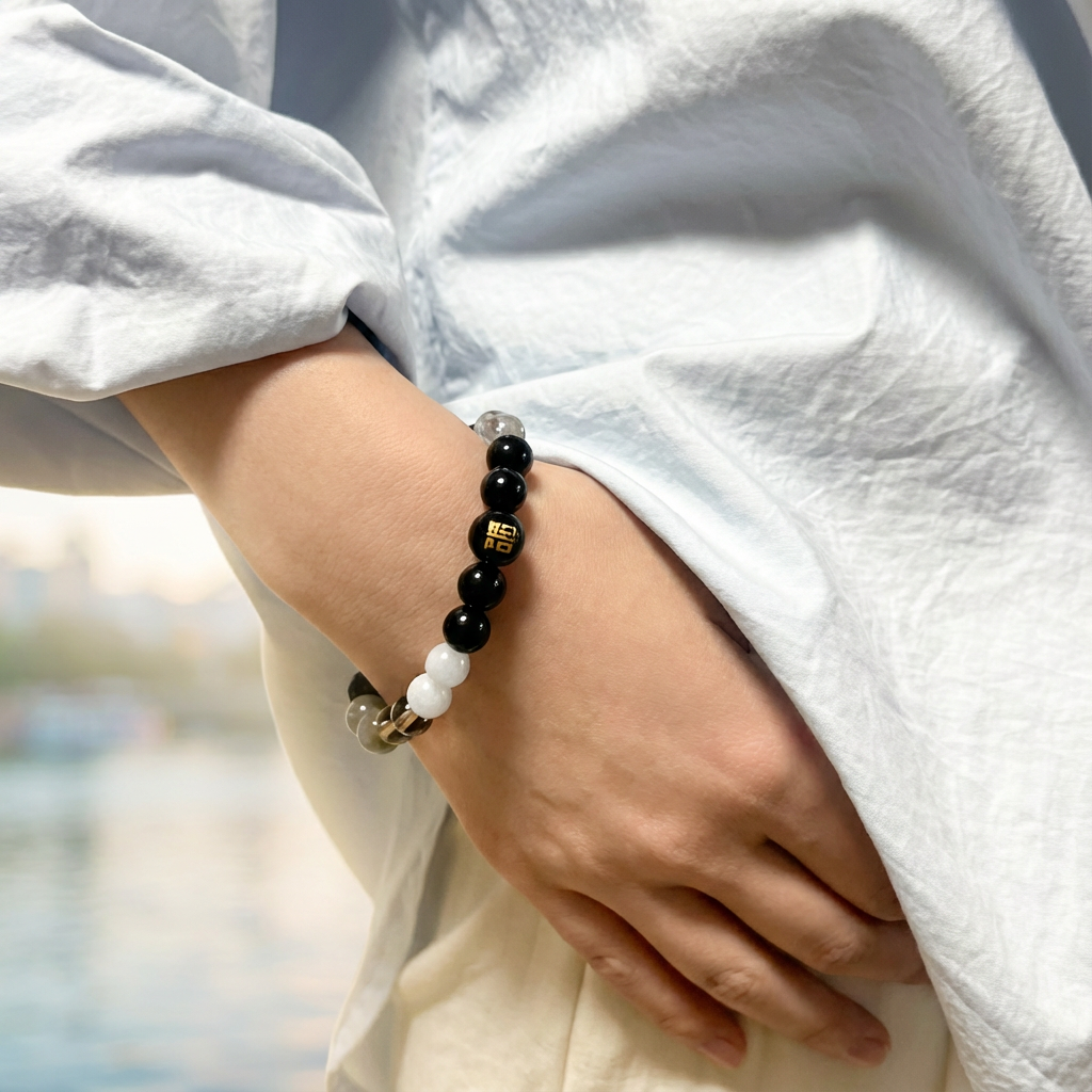 Redynasty Water Element Flow & Protection Bracelet – Natural Black Obsidian & Aquamarine Beads Bracelet