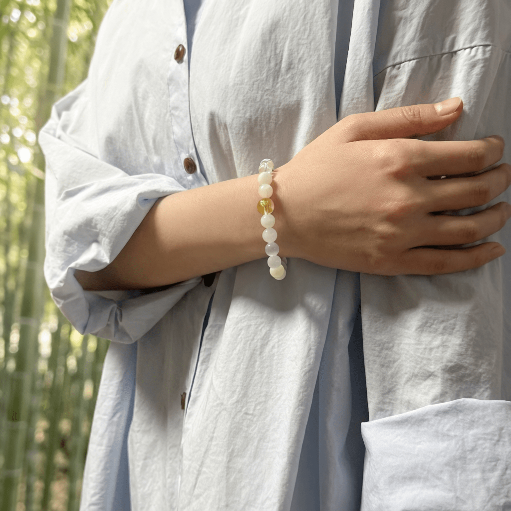 Wu Xing Metal (Jin) Bracelet — Clear Quartz & Citrine | 8mm Beads | Redynasty