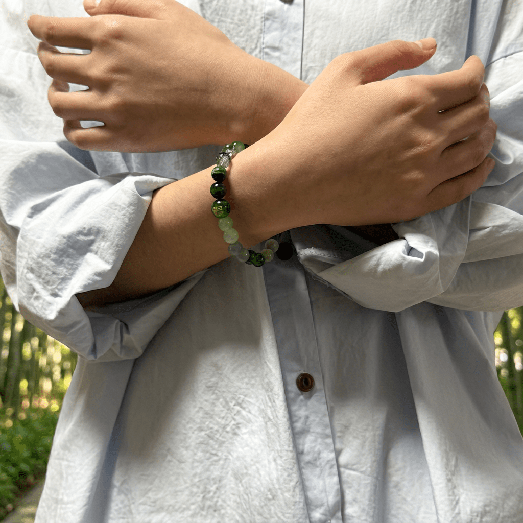 Wu Xing Wood (Mu) Bracelet — Clear Quartz & Green Quartz | 8mm Beads | Redynasty