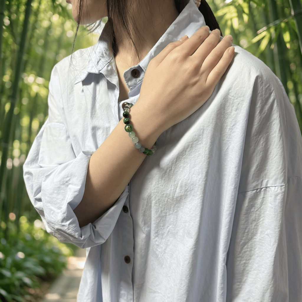 Wu Xing Wood (Mu) Bracelet — Clear Quartz & Green Quartz | 8mm Beads | Redynasty