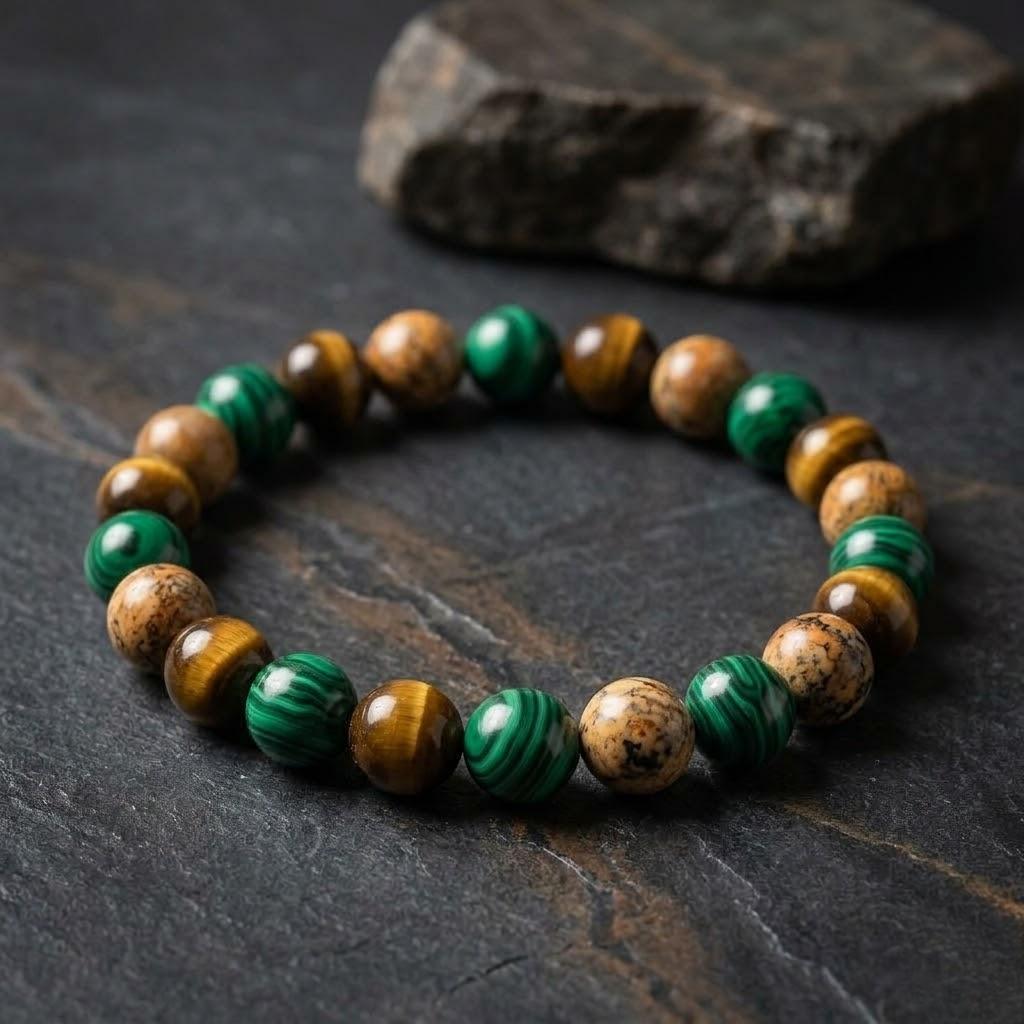 Redynasty Prosperity Energy Stone Bracelet – Malachite, Picture Jasper & Tiger's Eye
